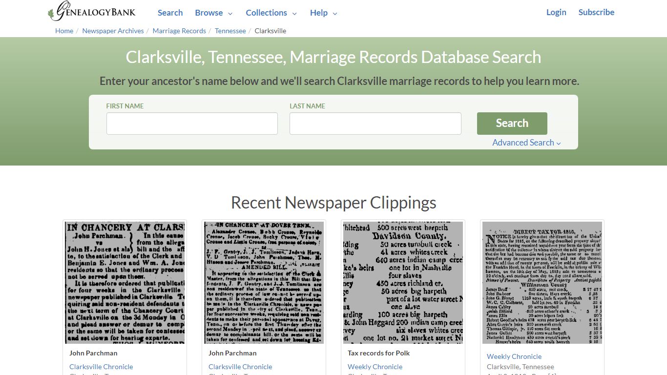 Clarksville, Tennessee, Marriage Records Online Search